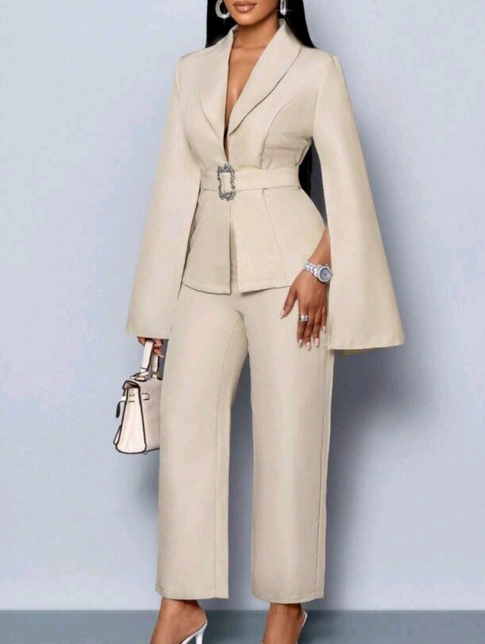 Tailored Cream Belted Cape-Sleeve Jumpsuit Pants Set